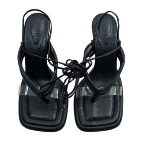 Schutz Meghan Black Lace Up Strappy Sandal Silver Sculpted Heel Square Toe‎ 8B